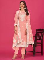 Pure Organza Peach Casual Wear Jacquard Work Straight Suit